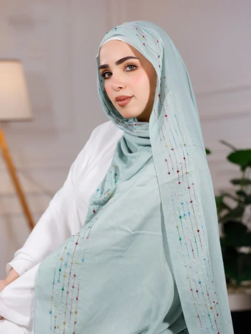 طرحة هاند ميد من القطن - مقاس (75 سم × 200 سم) - سماوي