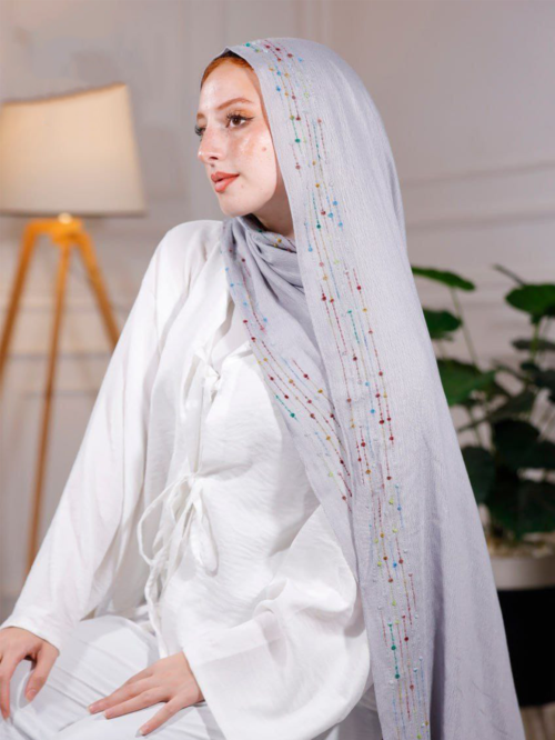 طرحة هاند ميد من القطن - مقاس (75 سم × 200 سم) - فضي