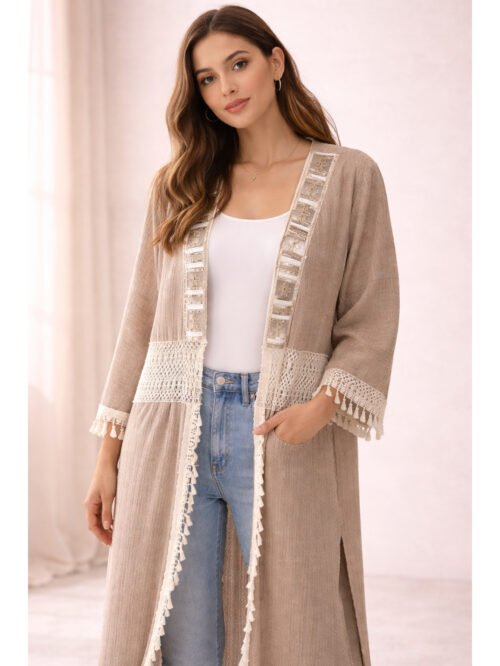 كارديجان حريمي طويل بيج مطرز – كاجوال شيك بستايل بوهيمي