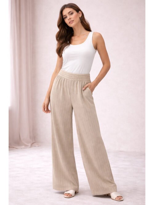بنطلون حريمي واسع بخصر مطاطي – ستايل مريح أنيق باللون البيج