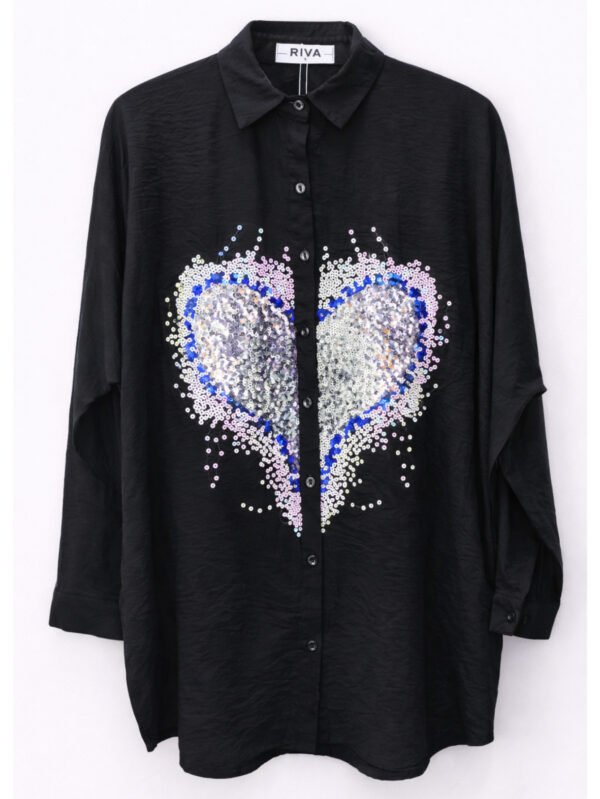 قميص حريمي واسع بتطريز قلوب لامعة – ستايل كاجوال شيك