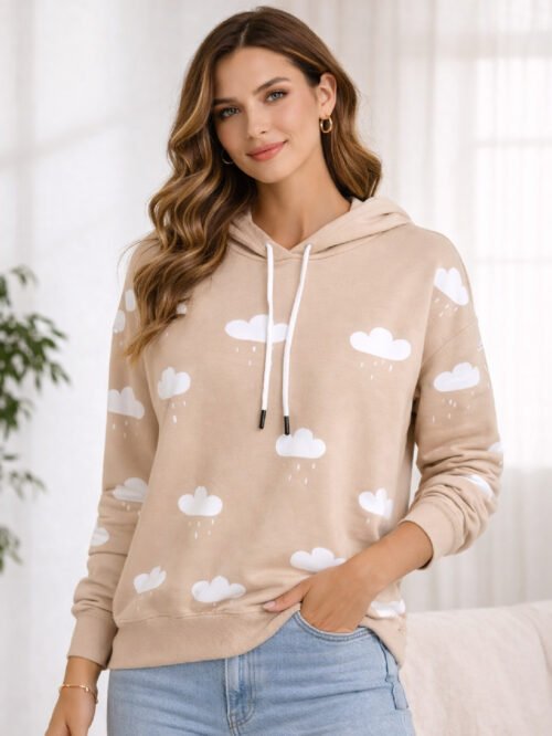 هودي حريمي أوفر سايز بطبعة – لون بيج كيوت