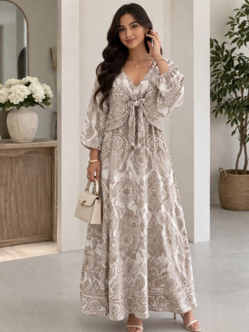 فستان حريمي بطبعة كلاسيك مع رباط أمامي