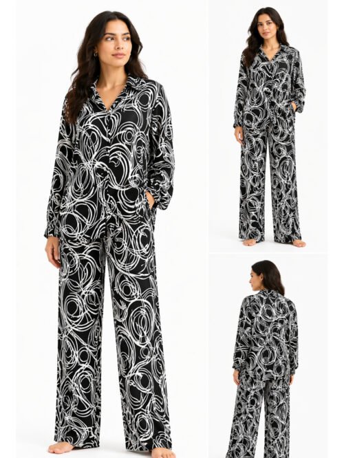 طقم حريمي (قميص + بنطلون) برسومات عصرية – ستايل شيك ومريح