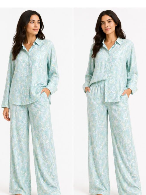 طقم حريمي (قميص + بنطلون) برسومات عصرية – لون مينت شيك