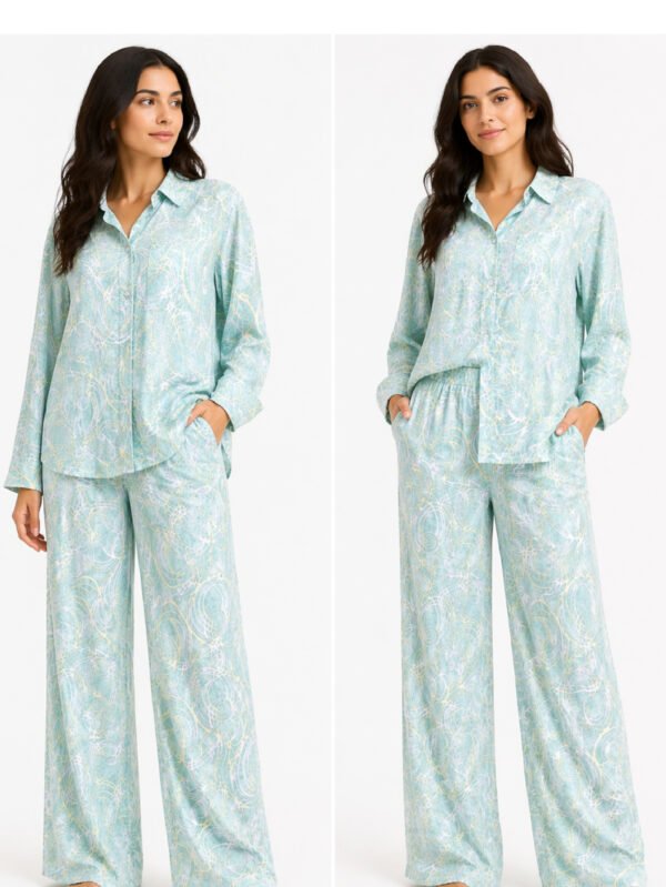 طقم حريمي (قميص + بنطلون) برسومات عصرية – لون مينت شيك