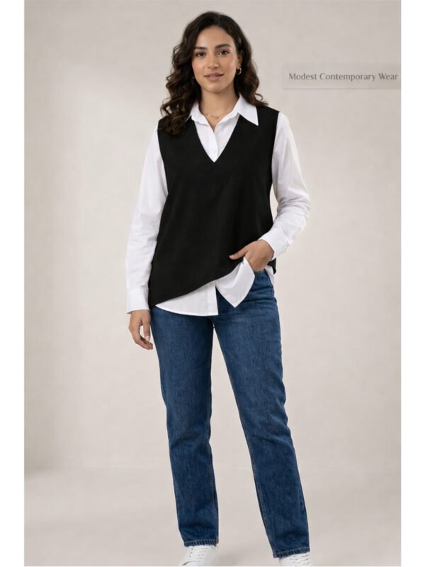 طقم قميص أبيض مع جيليه كت جبردين ستايل كاجوال شيك