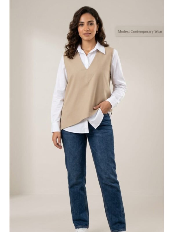 طقم قميص أبيض مع جيليه كت جبردين ستايل كاجوال شيك