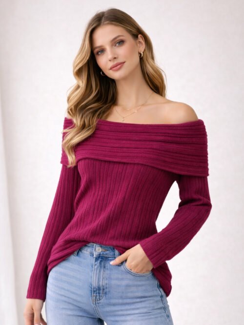 بلوفر حريمي أوف شولدر تريكو شتوي كاجوال بستايل مميز