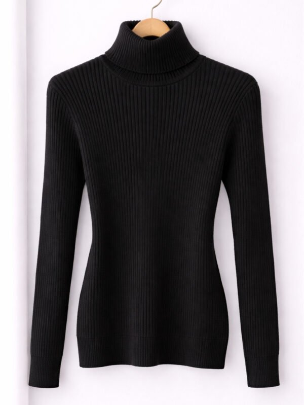 بلوفر حريمي رقبة عالية مضلع تريكو شتوي - أسود