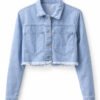 جاكيت جينز حريمي قصير كروب بجيوب أمامية - أزرق فاتح