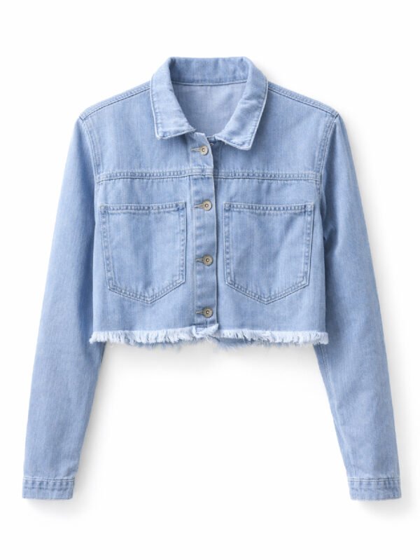 جاكيت جينز حريمي قصير كروب بجيوب أمامية - أزرق فاتح
