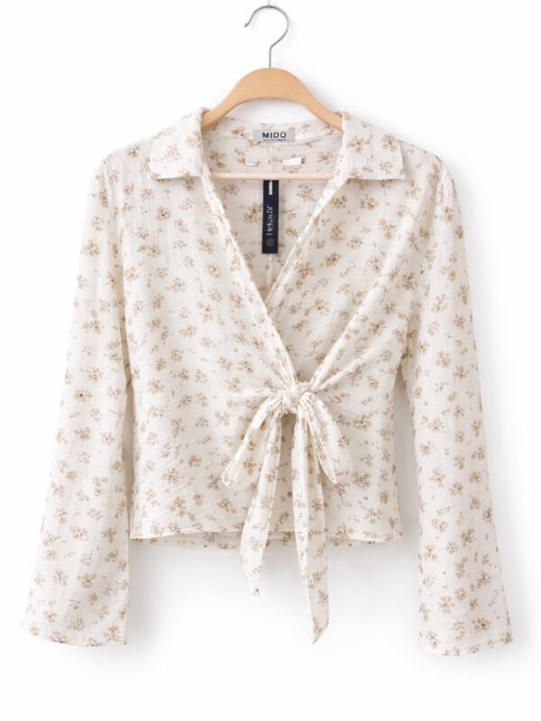 بلوزة حريمي لف مزخرفة برباط أمامي - أبيض كريمي