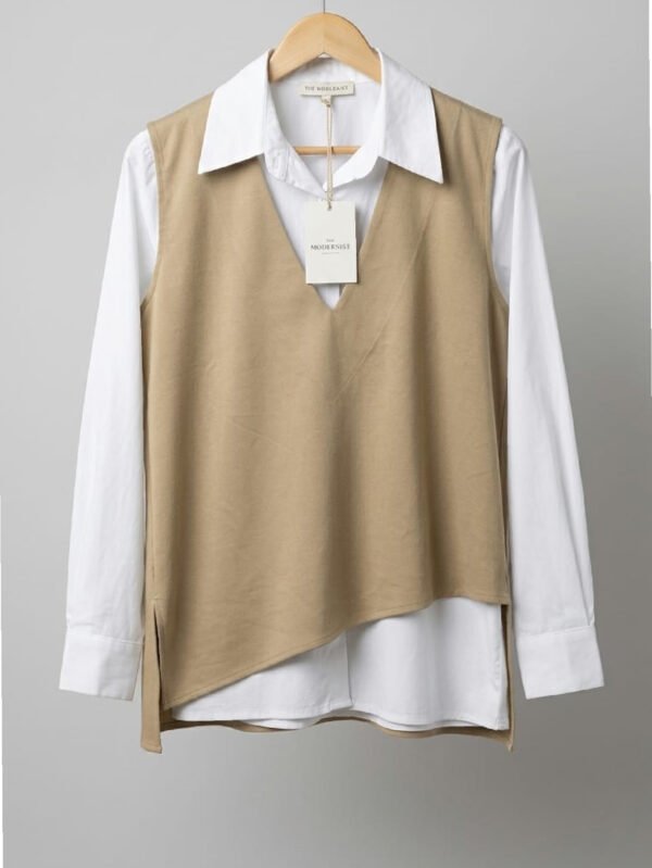 طقم قميص أبيض مع جيليه كت جبردين ستايل كاجوال شيك