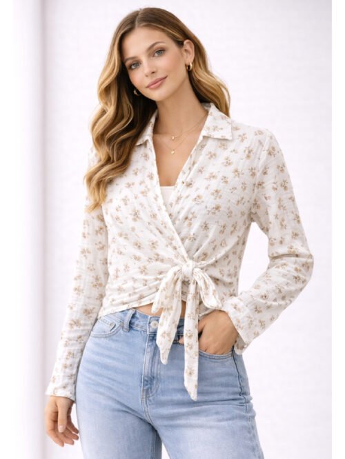 بلوزة حريمي لف مزخرفة برباط أمامي - أبيض كريمي